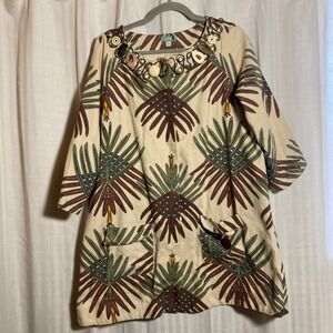 Hoss Intropia Beaded Palm Print Tunic Top Stone Beige Cotton 44 Luxury Travel
